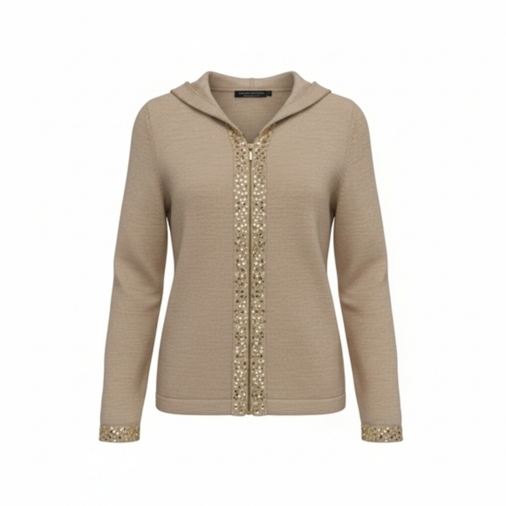 Like New Sarah Spencer Taupe Gold Sequin Zip Hoodie Cardigan M Wool - Picture 7 of 14